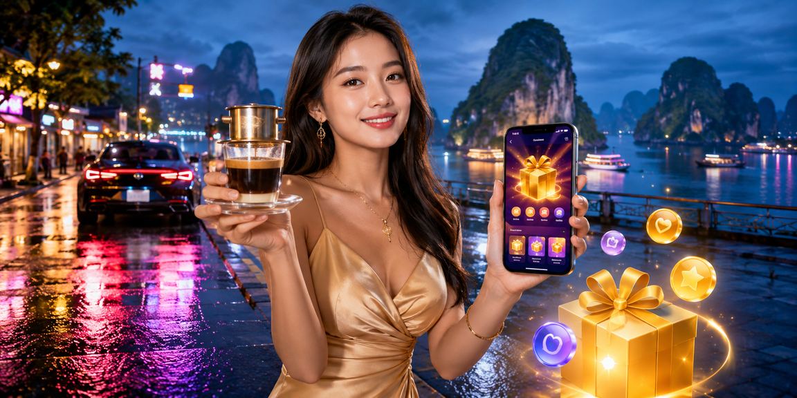 Người dùng truy cập casino trực tuyến trên điện thoại tại vịnh Hạ Long bên tách cà phê